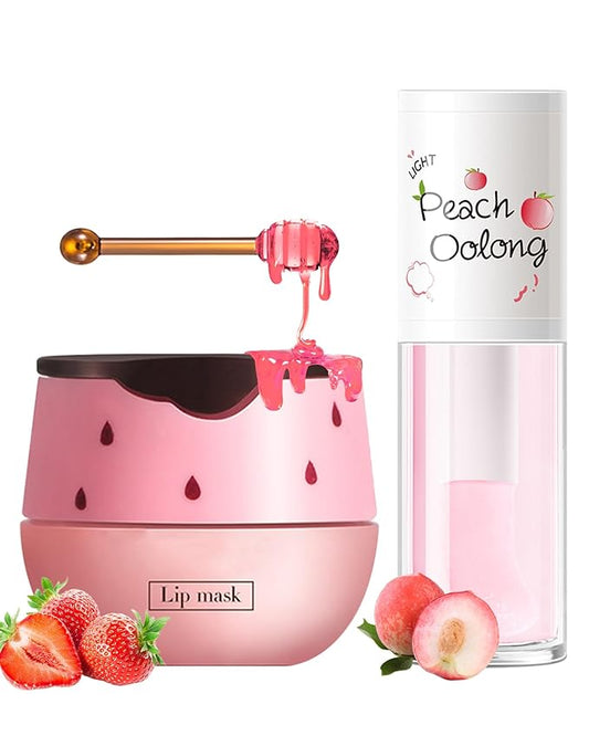 2PCS Strawberry Lip Balm Honey Pot Lip Mask & Hydrating Lip Glowy Oil Lip Care Set, Lip Moisturizing Treatment Nourishing Lip Gloss, Reduce Lip Line & Plump Dry Cracked Lip Scrub Exfoliator -Set B