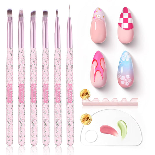 Beetles Gel Polish Nail Art Brushes Set - 6 Pcs Fingernail Art Design Pen, Floral Pattern Handle, Gradient Bristles Nail Brush Set DIY with Palette Dotting Manicure Tool Kit