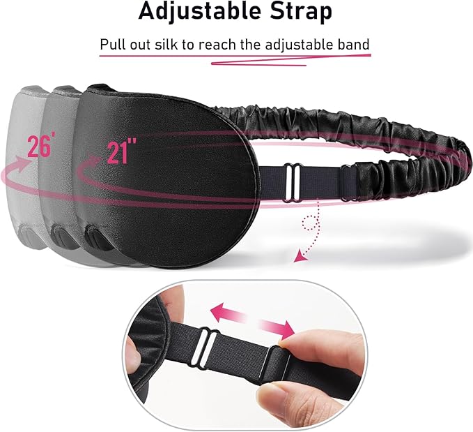 LitBear 100% 22 Momme Mulberry Silk Sleep Mask - 3D Contoured Eye Mask for Men & Women, Soft Breathable Sleeping Mask with Adjustable Strap, Perfect Blocks Light for Sleeping (Black)