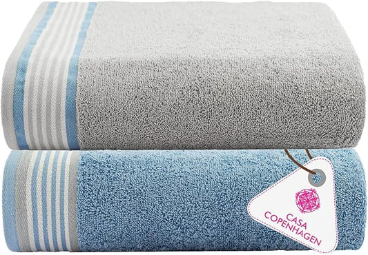 CASA COPENHAGEN He & She 2 Pieces Large Bath Sheet Set- Grey Violet + Dusty Blue, 550 GSM, Designed in Denmark Made of Soft Egyptian Cotton for Bathroom, Kitchen & Shower