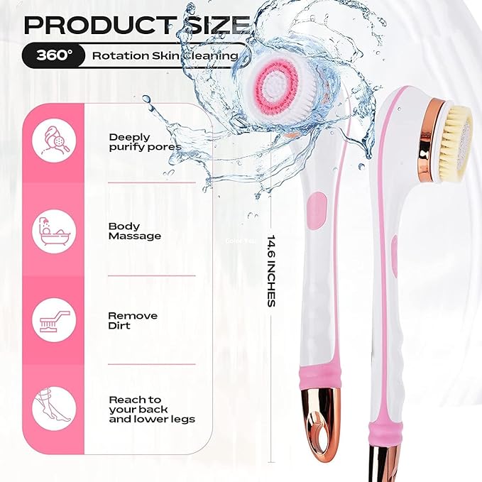 Body Brush Rechargeable, Electric Body Brush Set, Scrubber Shower Brush with Long Handle, Spin Skin Brush with 6 Brush Heads for Cleanse, Massage, exfoliate and Pamper Your Skin in The Shower (Pink)