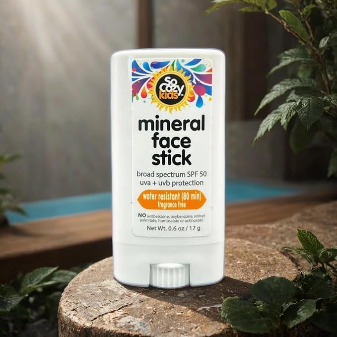 SoCozy Sunscreen Stick, Kids SPF 50 Mineral Sunscreen for Face & Body, 0.6 oz, Water Resistant Sun Protection, Broad Spectrum UVA + UVB Gentle Sun Block Stick (Pack of 2)