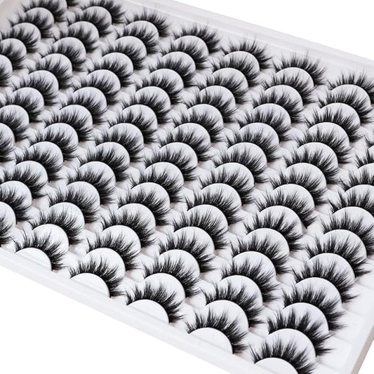 False Eyelashes 48 Pairs Faux Mink Lashes 14mm Wispy Lashes 3D Fluffy Cat Eye Lashes Pack Bulk Wholesale Strip Lashes(style 48-035)