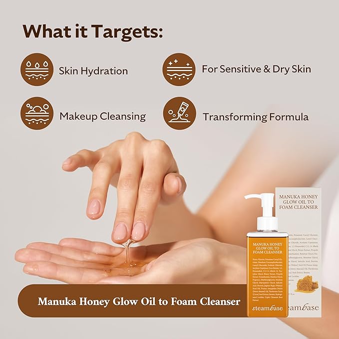 Manuka Honey Glow Oil to Foam | Daily Makeup Remover and Cleanser, Hydrating Foaming Face Wash for Dry Skin, Double Cleanse | Korean Facial Oil Cleanser, 7.27 fl oz