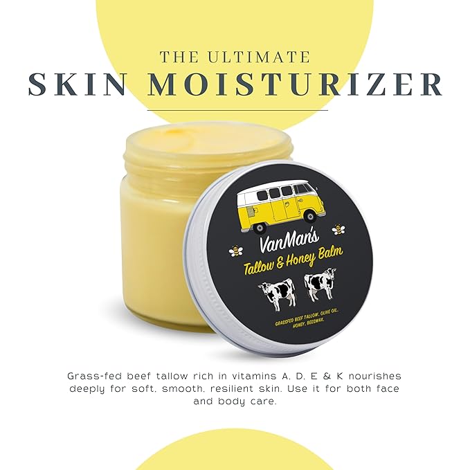 Vanman's - Tallow and Honey Balm With No Added Scent Jumbo - Beef Tallow Face Moisturizer with Grass-Fed/Finished Beef Tallow for Skin, Organic Raw Honey and Beeswax, Cold Pressed Olive Oil - 6.3 oz