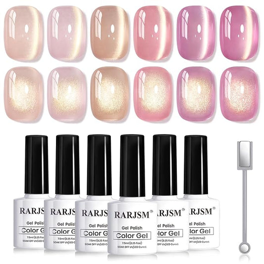 RARJSM Jelly Nude Gold Glitter Cat Eye Gel Nail Polish Set 6Pcs Sheer Pink Light Purple Champagne Mavue Brown Diamond Cateye Gelpolish with Magnetic Stick UV LED Curing Require Home Salon Nail Design