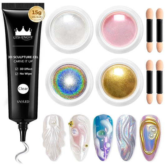 3D Nail Gel Art BISHENGYF - Rose Gold Chrome Nail Powder 15g 3D Nail Gel with Laser White Nail Powder Non-Sticky Clear 3D Sculpting for Art Home DIY