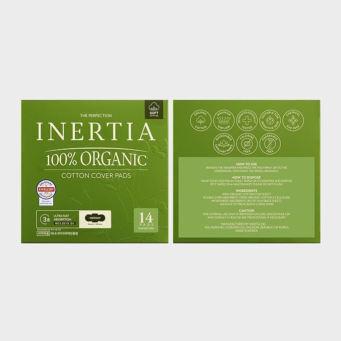 INERTIA The Perfection Green – 100% Organic Cotton Korean Pads with Wings | Regular Absorbency | Breathable Bio-Film for Fast Absorption, Leak-Proof & Hypoallergenic Period Pads for Women (14 Count)