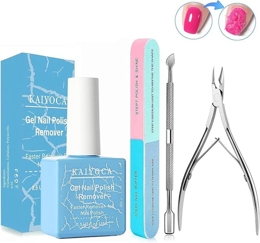 Gel Nail Polish Remover with Cuticle Pusher and Cuticle Nippers & Nail Buffer, Professional Remove Acrylic Gel Powder in 3-5 Minutes,Home DIY and Salon, No Soaking or Wrapping (1 Pcs Set)