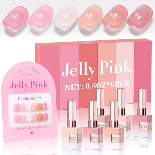 Double Rhythm 6 Pcs 15 ML Gel Polish Set Same Color Same Bottle Soak Off Gel Polish Kit Nail Art Manicure Salon DIY at Home for Women (Jelly Milky White Nude Pink Rose-T6-23)