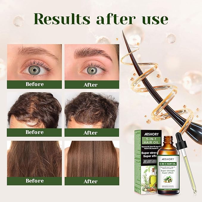 Aeshory Hair Oil - 5 IN 1 Hair Care Oil with Rosemary, Castor, Argan, Vitamin E, and Avocado for Hair Growth and Strengthening - Nourishing and Volumizing 3.38 fl oz