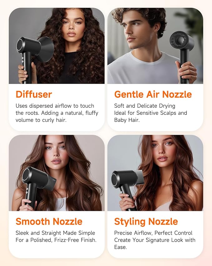 Hair Dryer with Comb & Diffuser Attachment for Curly Hair, PLUZZ 200M Negative Ionic Blow Dryer Brush, High-Speed Brushless Motor Hairdryer Fast, Portable Travel Hair Dryers Quiet, Women/Men/Kids