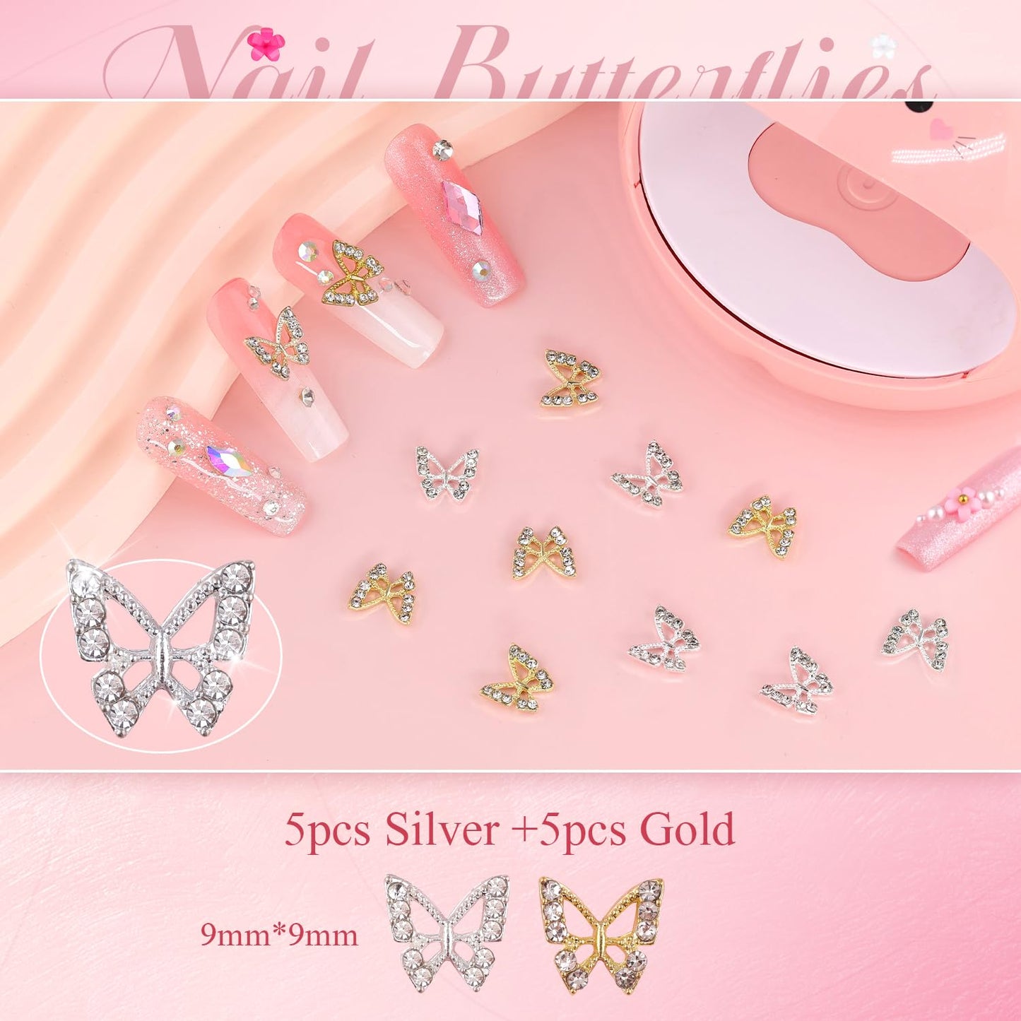 3D Nail Charms and Gems Set 11, 10PCS Gold and Silver Chunky Butterfly Nail Charms with Rhinestones, 3D Flowers for Nails, Flatback Crystals and Pearls + Picker Tool for Y2K Nail Decoration