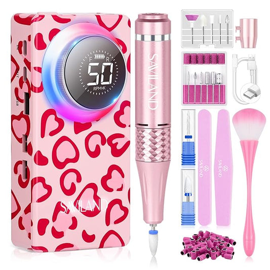 SAVILAND Electric Nail Drill Professional: 50000 RPM Electric Nail File Rechargeable Cordless Nail Drill Kit with Ceramic Drill Bits for Quick Acrylic Nail Removal Ambient Light Leopard Heart Print