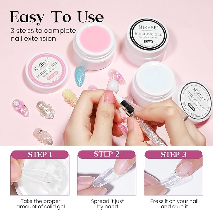 MIZHSE Solid Builder Gel for nails, 3 Colors Sculpting Gel for Nails, Clear White Pink Non-Sticky Hand 3D Nail Art Building Carving Modeling Hard Nail Extension Manicure Salon Home DIY Gift
