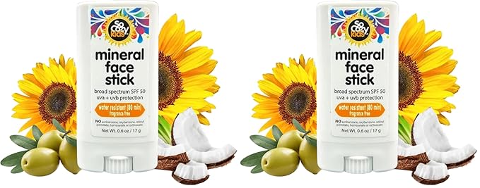SoCozy Sunscreen Stick, Kids SPF 50 Mineral Sunscreen for Face & Body, 0.6 oz, Water Resistant Sun Protection, Broad Spectrum UVA + UVB Gentle Sun Block Stick (Pack of 2)