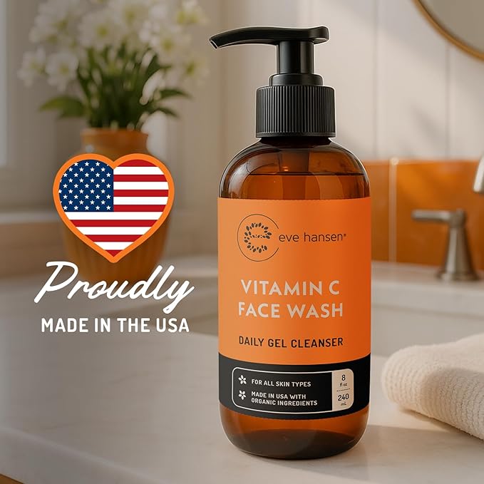 Vitamin C Cleanser Face Wash - HUGE 8 oz Gentle Facial Cleansing Gel for Uneven Skin Tone, Age Spots and Fine Lines - Natural Face Soap with Aloe Vera, Green Tea, Ginseng