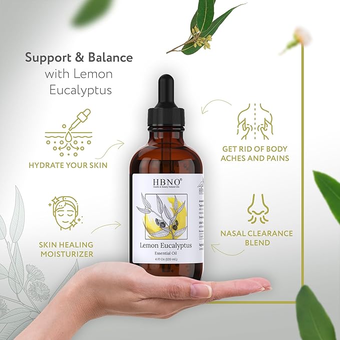 HBNO Lemon Eucalyptus Essential Oil - 4 oz (120ml) - Natural - Perfect for Cleaning, Aromatherapy, DIY, Soap & Diffuser