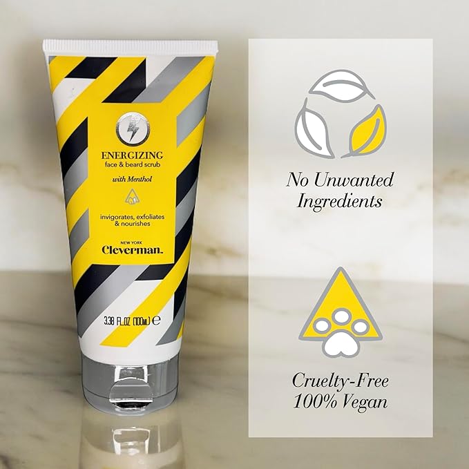 Cleverman Energizing Face and Beard Scrub for Men, 100ml, Menthol-Infused Refreshing and Exfoliating Facial Cleanser, Beard Scrub for All Skin Types