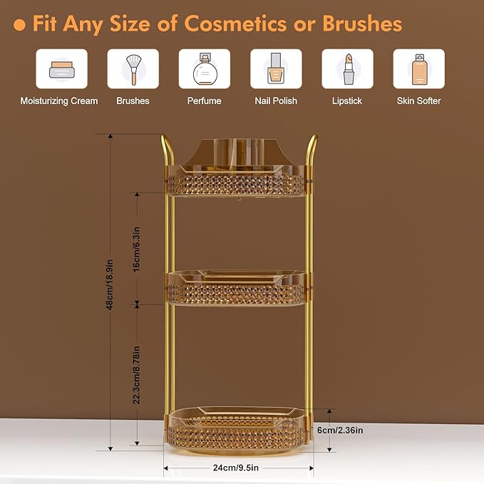 Awenia Rotating Makeup Organizer 360, Stackable Adjustable Large Capacity Cosmetic Storage Unit,Dresser Bathroom Kitchen Countertop Organizer with Metal Handle, Plus Size (Honorable Gold, 3 Tier)