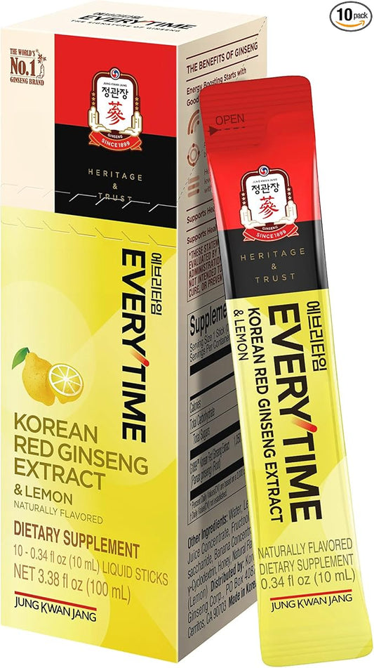 JungKwanJang Everytime Korean Red Ginseng Extract 1,050mg & Lemon - Vegan Energy Drink Liquid Stick Supplements - Builds Stamina & Immunity, Non-GMO (10 Sticks, 0.34 fl oz)