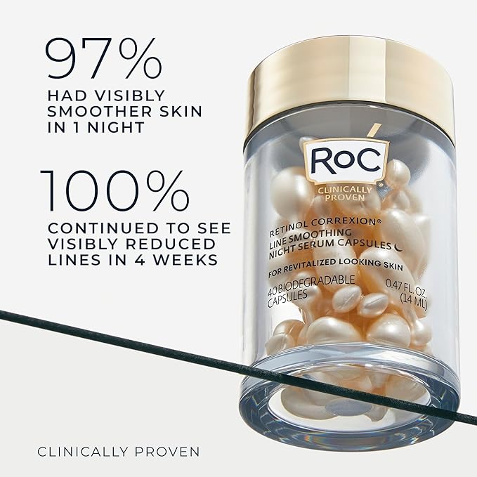 RoC Retinol Correxion Anti-Aging Wrinkle Night Serum, Retinol Serum for Face, Daily Treatment for Fine Lines, Post Acne Scars, 80 Capsules (Limited Edition Value Set), Unscented
