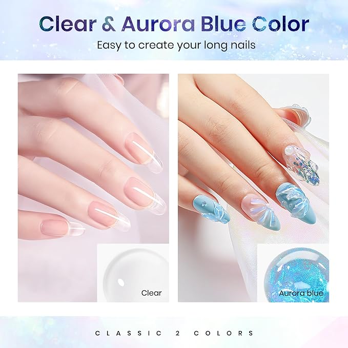 MIZHSE 2PCS Solid Builder Gel for Nails Kit: 30g/1oz Clear & Aurora Hard Gel for Nail with Nail Forms 3D Mold Soak off U V Builder Extension Gels for Women