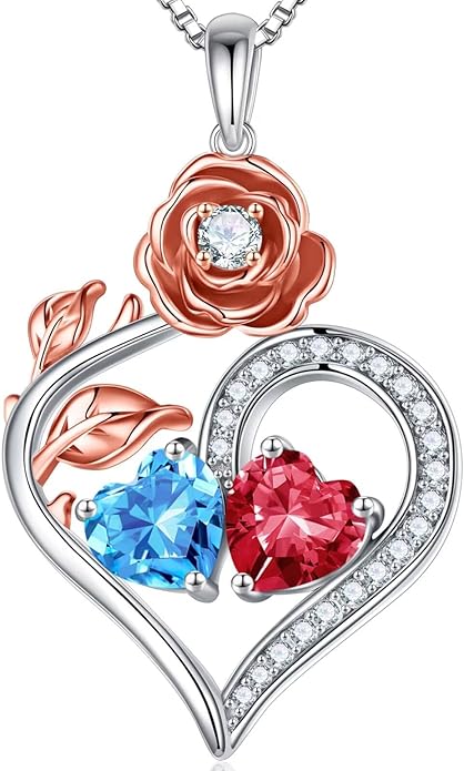 Iefil Rose Heart Birthstone Necklaces for Women - 925 Sterling Silver Double Birthstone Necklace, Anniversary Birthday Gifts for Women, Jewelry Gifts for Wife Her