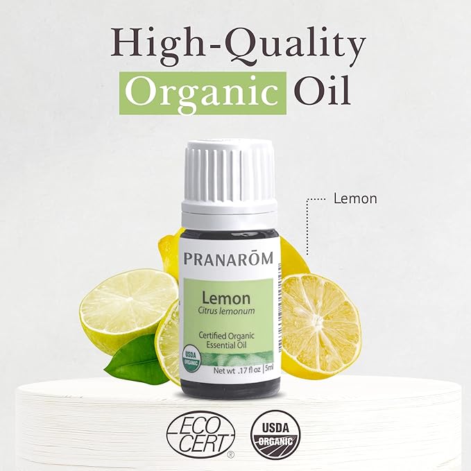 Pranarom USDA Certified Organic Lemon Essential Oil (5ml), 100% Pure Undiluted Therapeutic Grade from Argentina for Aromatherapy, Diffuser, DIY, Cleaning, Fresh Lemon Scent