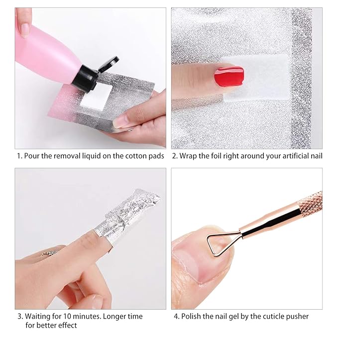 Gel Nail Polish Remover Set - Foil Nail Wraps/Wipes 300 Pcs Soak Off Gel Remover Foils Nail Wraps & 1 Pc Rose Gold Double Head Cuticle Pusher Peeler Scraper