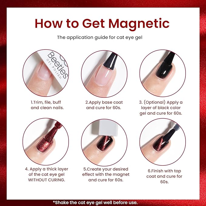 Beetles Cat Eye Gel Nail Polish Set, 6 Colors Glitter Red Pink Shiny Brown Burgundy Purple Blue Green Magnetic Effect Sparkle Stunning Nail Gel Polish Kit Soak Off UV Manicure Gifts for Women