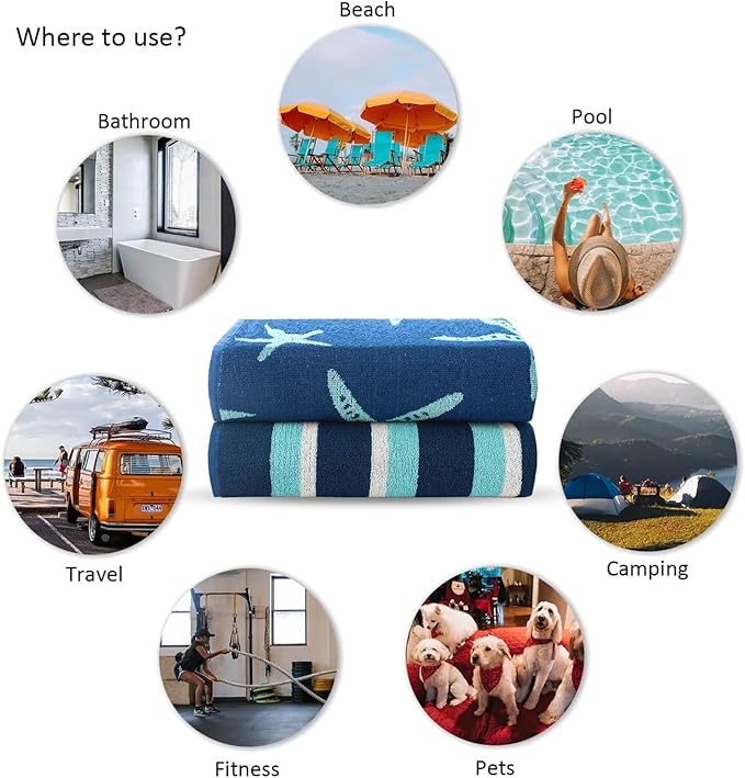 CASA COPENHAGEN Miami Bath Towels Designed in Denmark Rough and Tough, Quick Dry, for Pool, Bath & Shower 30"x60", 2 Pieces Cotton Beach Towels Set - Star Fish Navy + Turquoise Stripe