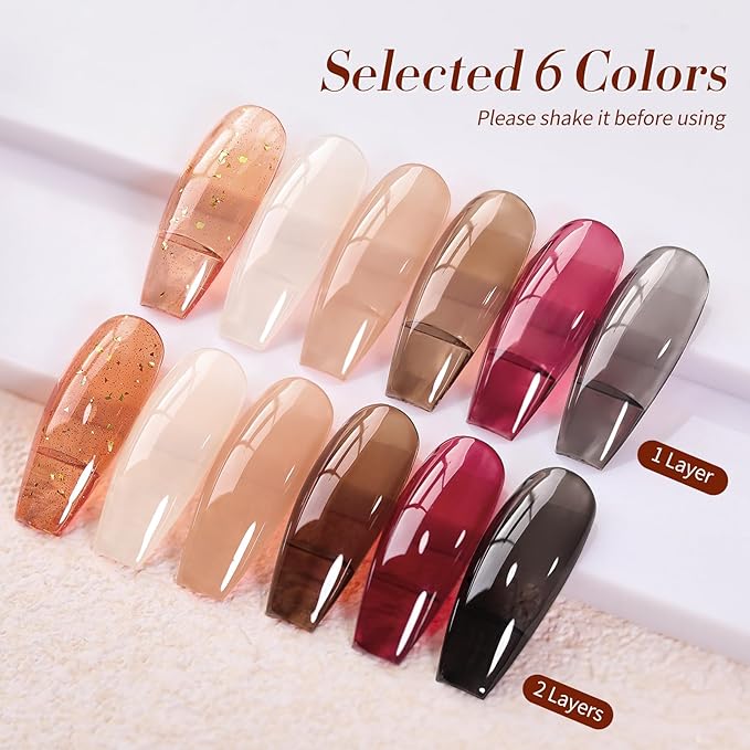 Born Pretty Jelly Gel Nail Polish Set Fall Winter Brown Blood Red Burgundy Black Gel Polish Sheer Milky Nude Transparent Halloween Gel Polish Set Nail Art Varnish Manicure Collection Gift 7ML 6PCS