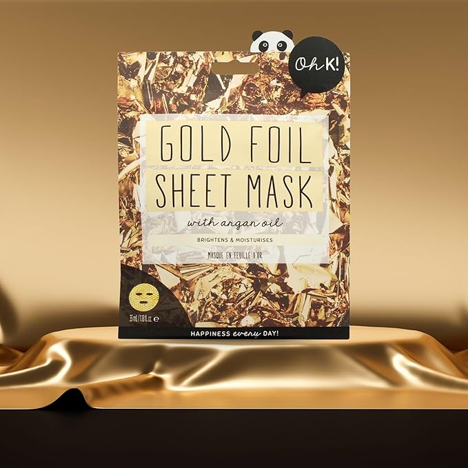 Oh K! Sheet Mask - Gold Foil - Moisturizing Face Mask - Hydrating Face Sheets - Infused with Argan Oil - Plant-Based Fiber - Korean Skincare - 1 Pc