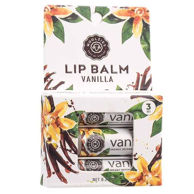 Lip Balm Set: Woolzies All-Natural Shea Butter, Beeswax, Coconut Oil, Vitamin E Infused Lip Moisturizer Care (3 Pack, Vanilla Mint)