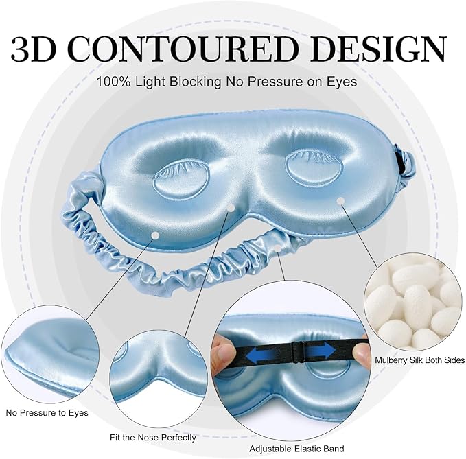 ZIMASILK Adjustable 22 Momme 100% Pure Mulberry Silk Sleep Mask, 3D Contoured Cup Eye Mask for Sleeping, Super Soft Breathable Blindfold, Perfect Blocks Light for Sleeping. (Sky Blue)