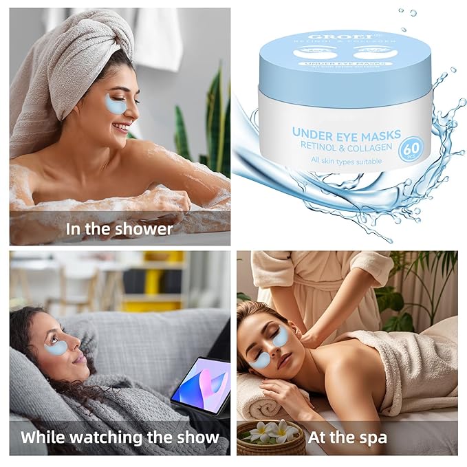 Under Eye Patches Masks for Eye Bags, Puffy Eyes, Fine Lines, Wrinkles, Dark Circles Treatment with Collagen and Retinol, Collagen Reduce Wrinkles Eye Masks, Lift, Firm Eyes Skin, 60 Pcs