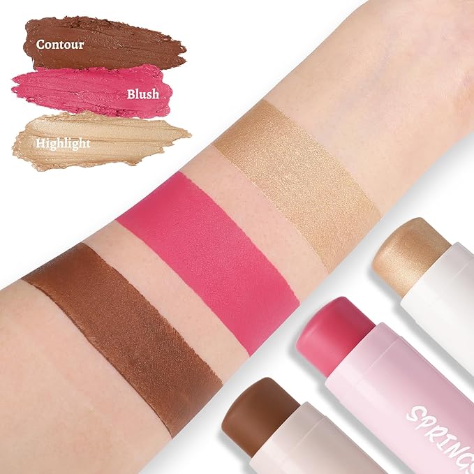 3Pcs Multi-Use Face Makeup Sticks Sets, Blendable Cream Blush Stick For Cheeks Lips, Highlighter Contour Shading Sticks Moisturizer Make Up Sets For Women (01)