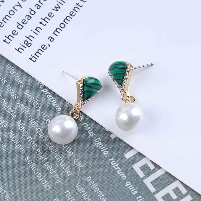 Vintage Cz Emerald Pearl Earrings Gold Pearl Drop Earrings Triangle Emerald Earrings Geometric Emerald Stud Earrings Jewelry for Women and Girls