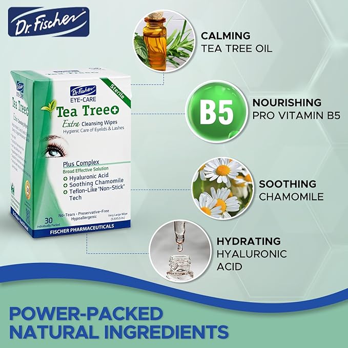 Dr. Fischer Tea Tree Oil Eye Wipes - Eyelid Wipes for Sensitive Eyes with Hyaluronic Acid and Chamomile, Makeup Remover, Daily Cleanser (30 wipes)