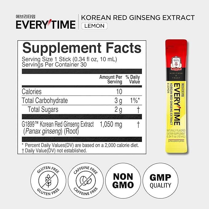 JUNG KWAN JANG Everytime Korean Red Ginseng Extract 1,050mg & Lemon - Vegan Energy Drink Liquid Stick Supplements - No Caffeine, No Gluten, Non-GMO 0.34 fl oz, 10EA (Pack of 6)