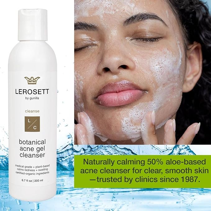 LEROSETT Botanical Acne Cleanser, Foaming Gel Face Wash for Acne Prone, Vegan, Blackheads & Oily Skin 50% Calming Aloe, 2% Salicylic Acid, All Skin Types. Vegan - 6.7oz 60-Day