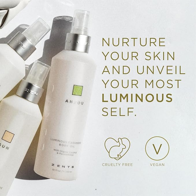 Zents Luminous Cashmere Body Oil (Anjou Fragrance) | Moisturizing Body Oil with Vitamin E & Organic Coconut Oil | Softens & Smooths Skin | 8 fl oz