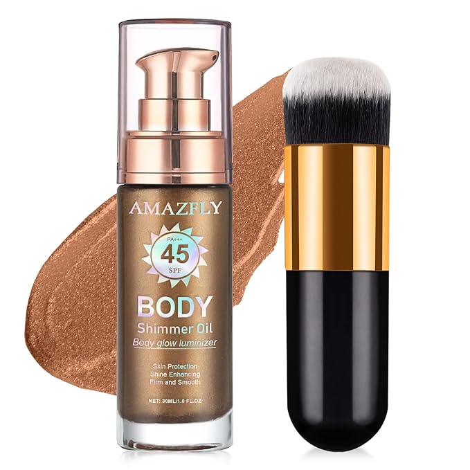 Shimmer Body Oil, SPF 45 Broad Spectrum, Sunscreen Face and Liquid Luminizer Waterproof Moisturizing, Light Shimmer Glow Illuminator, Smooth Body Highlighter Makeup (#03 Glistening Bronze)
