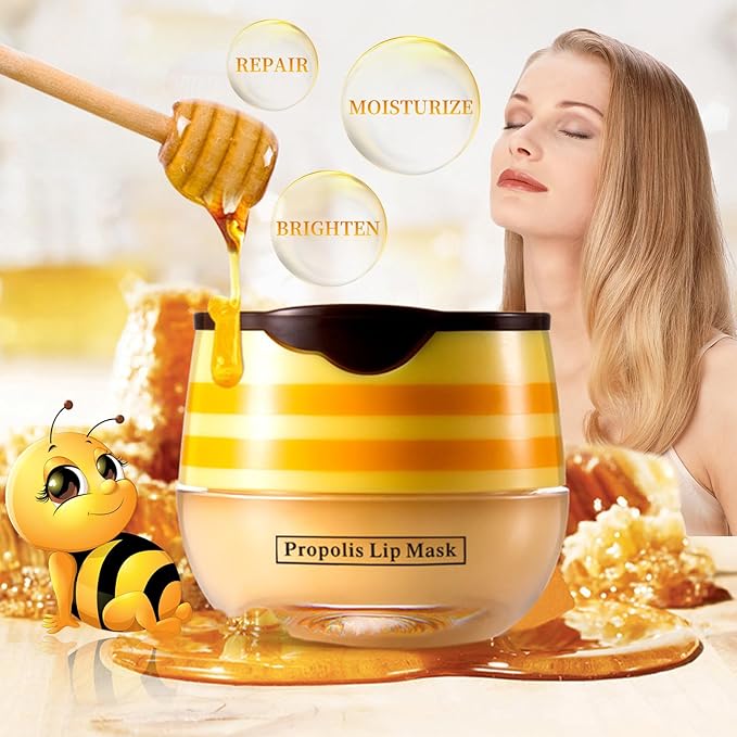 2 PCS Bee Honey Lip Balm Honey Pot, Strawberry & Bee Honey Lip Mask, Reduces Lip Lines, Hydrate & Moisturizing Lip Skin Care, Prevention Dry Cracked Lips, Bee Honey Lip Balm for Lip Repair Treatment