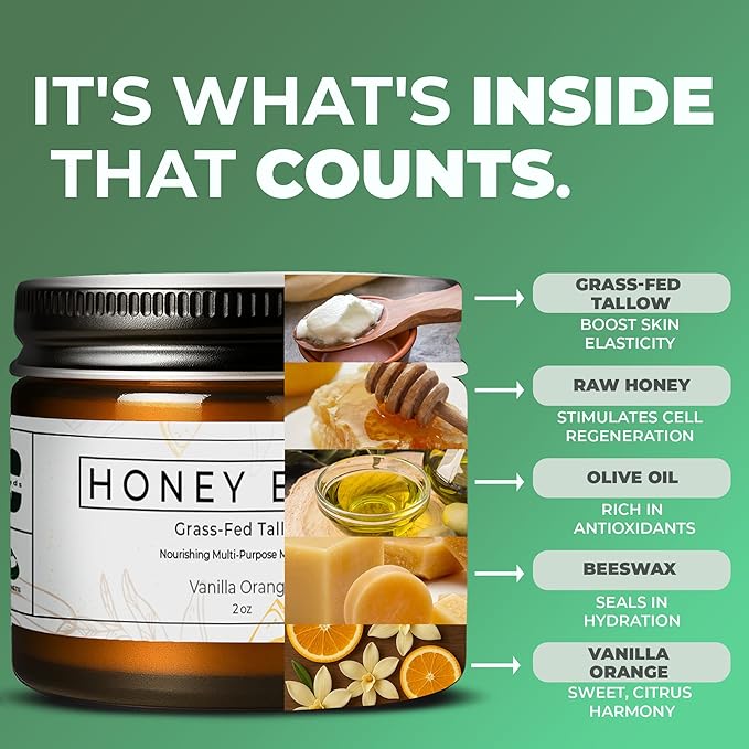 Tallow and Honey Balm, Organic Body Butter, Grass-Fed Beef Tallow for Skin, Soothing All-Natural Moisturizer for Body and Face | Made in USA - 2 oz (Vanilla Orange)