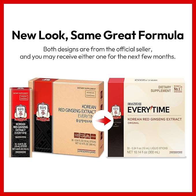 JungKwanJang Everytime Korean Red Ginseng Extract Stick 3,000mg Original - Adaptogen Energy Drink Liquid Stick Supplements - Energy Boost & Immune Support, Caffeine Free (30 Sticks)