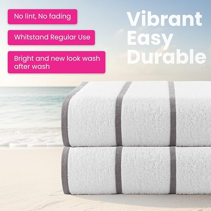 CASA COPENHAGEN Cabana Pool Bath Sheet, 70" x 35", Designed in Denmark Rough and Tough, Quick Dry, for Pool, Bath, Beach & Shower 2 Piece Cotton Pool Towels Set - White Grey Stripe