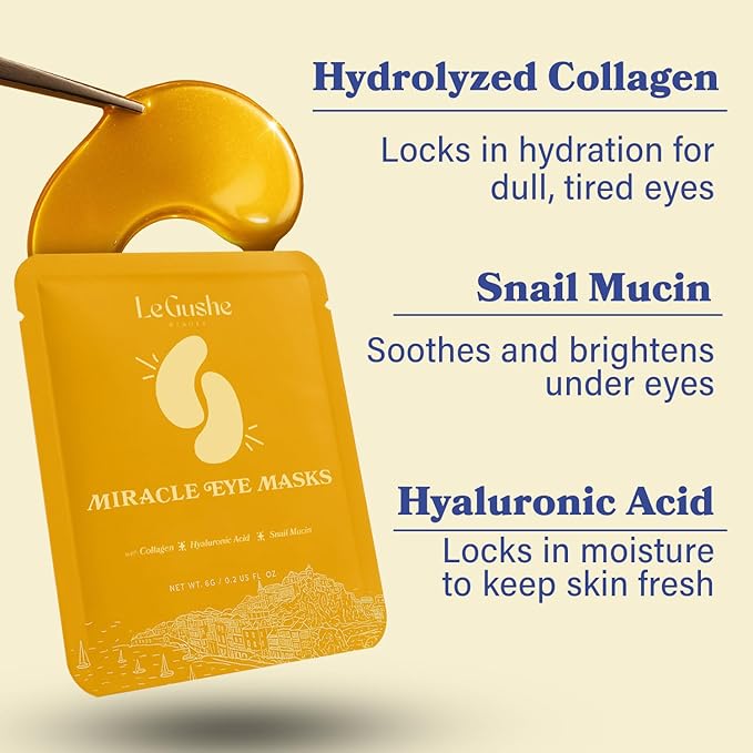 LE GUSHE Gold Under Eye Patches for Puffy Eyes and Dark Circles (30 Pairs) - Hydrating Collagen Under Eye Masks with Snail Mucin - Soothing Puffy Eyes Treatment for Women & Men - Bridesmaid Gifts