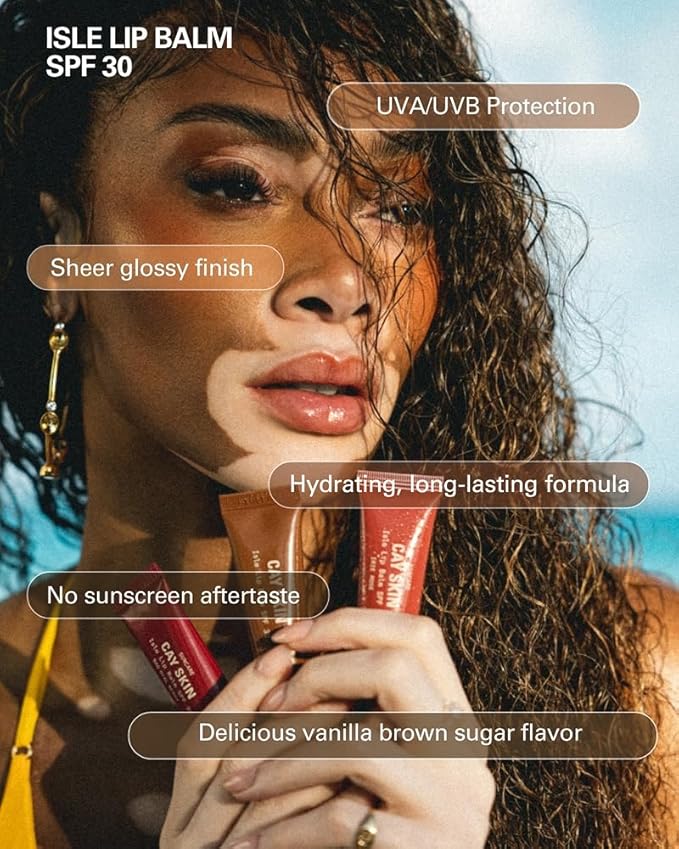 Cay Skin Isle Lip Balm SPF 30 – High Shine, Hydrating, Non-Sticky Lip Gloss in Vanilla Brown Sugar Flavor – Formulated with Natural Ingredients for All Skin Tones – Coral
